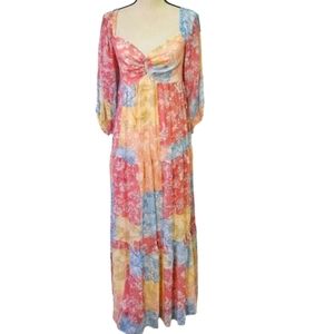Taylor Rose/Peach Patchwork Sweetheart Neckline Smock Back Maxi Dress,Size 6,NWT